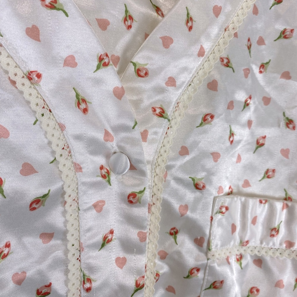 Vintage Cachet Satin Flannel Pajama Shirt with Roses and Hearts